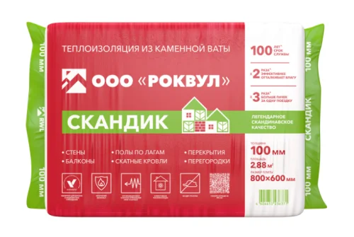 Утеплитель RockWool Лайт Баттс Скандик 800х600х100 (6 шт/пач. 2,88м2; 0,288м3; 36 пач/пал)