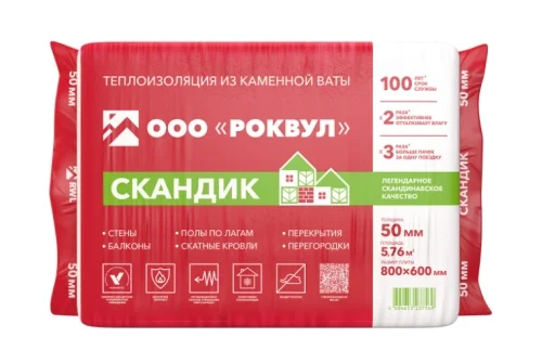 Утеплитель RockWool Лайт Баттс Скандик 800х600х50 (12 шт/пач. 5,76м2; 0,288м3; 24 пач/пал)