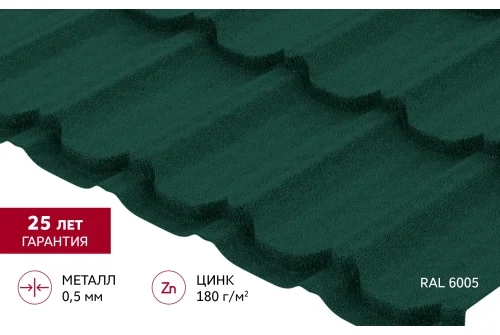 Металлочерепица "Квинта плюс" ("Kvinta plus") 0,5 Satin Matt TX RAL 6005 зеленый мох GrandLine – Столица крыш