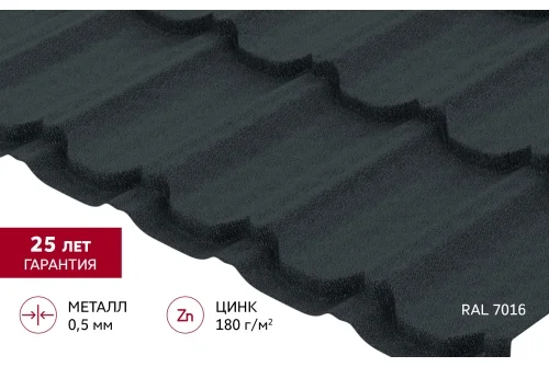 Металлочерепица "Квинта плюс" ("Kvinta plus") 0,5 Satin Matt TX RAL 7016 антрацитово-серый GrandLine – Столица крыш