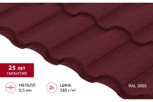 Металлочерепица "Кредо" ("Kredo") v01 0,5 Satin Matt TX RAL 3005 красное вино GrandLine – Столица крыш